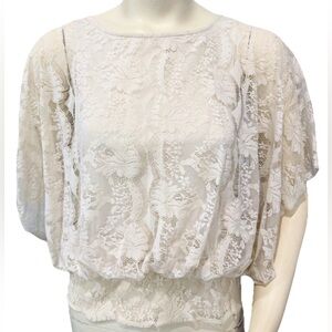 Free People Ivory Lace Boho Blouse Top XS Sheer Scalloped Hem Dolman Sleeve